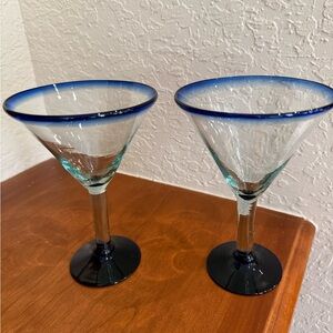Mexican Handblown Margarita Martini Glasses with Cobalt Blue Trim